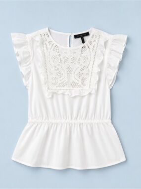 BCBGMAXAZRIA White Lace Crochet Ruffle Sleeve Peplum Top Medium Boho Feminine